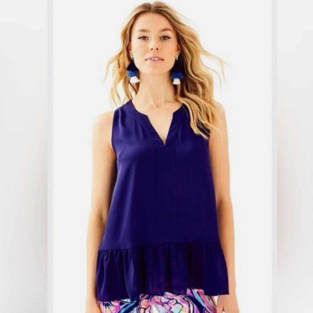 Lilly Pulitzer Tank Top Womens L Navy Blue Gramercy Sleeveless V Neck Blouse